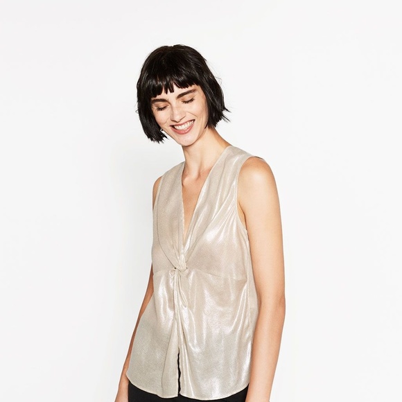Zara NWT Metallic Gold Knot Front Sleeveless top - Picture 2 of 3